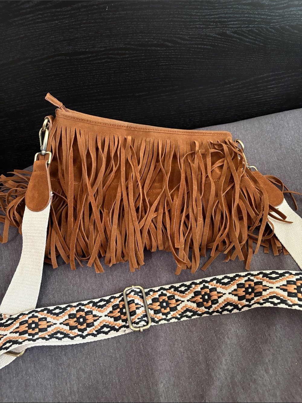Fringed Crossbody Bag in Tan with Patterned Strap